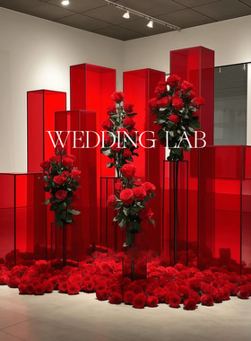 红色亚克力柱体仿真花艺术新年定制装置展会展览探店打卡