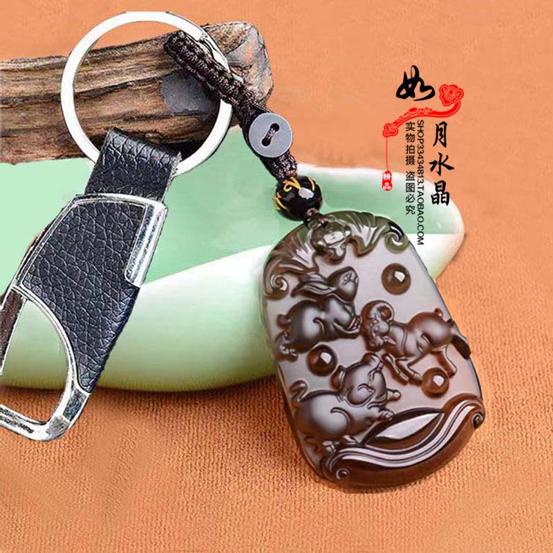 冰种黑曜石羊猪兔三合钥匙扣