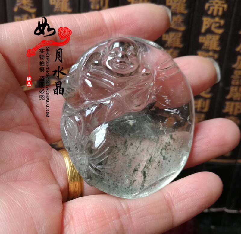 正品天然绿幽灵吊坠雕刻件天然异像水晶聚宝盆包衣佛吊坠 003