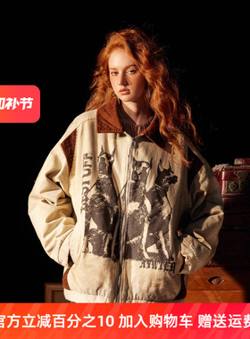 InstGuys 美式复古杜宾犬印花夹克外套男女潮流高街情侣百搭棉服