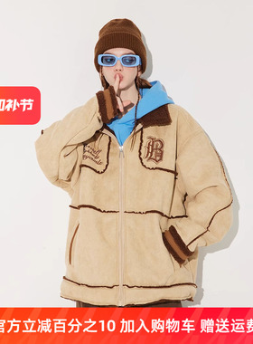 InstGuys原创冬季新款美式复古麂皮绒刺绣翻领羊羔毛外套男女宽松