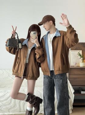 Rpao美式复古格子拼接麂皮绒外套女秋季街头潮牌宽松休闲夹克