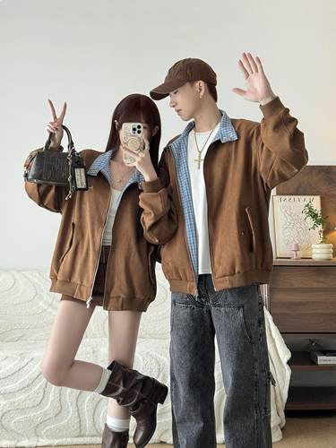 Rpao美式复古格子拼接麂皮绒外套女秋季街头潮牌宽松休闲夹克