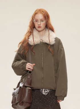 InstGuys美式复古设计感可拆卸毛领棉服冬季新款男女外套