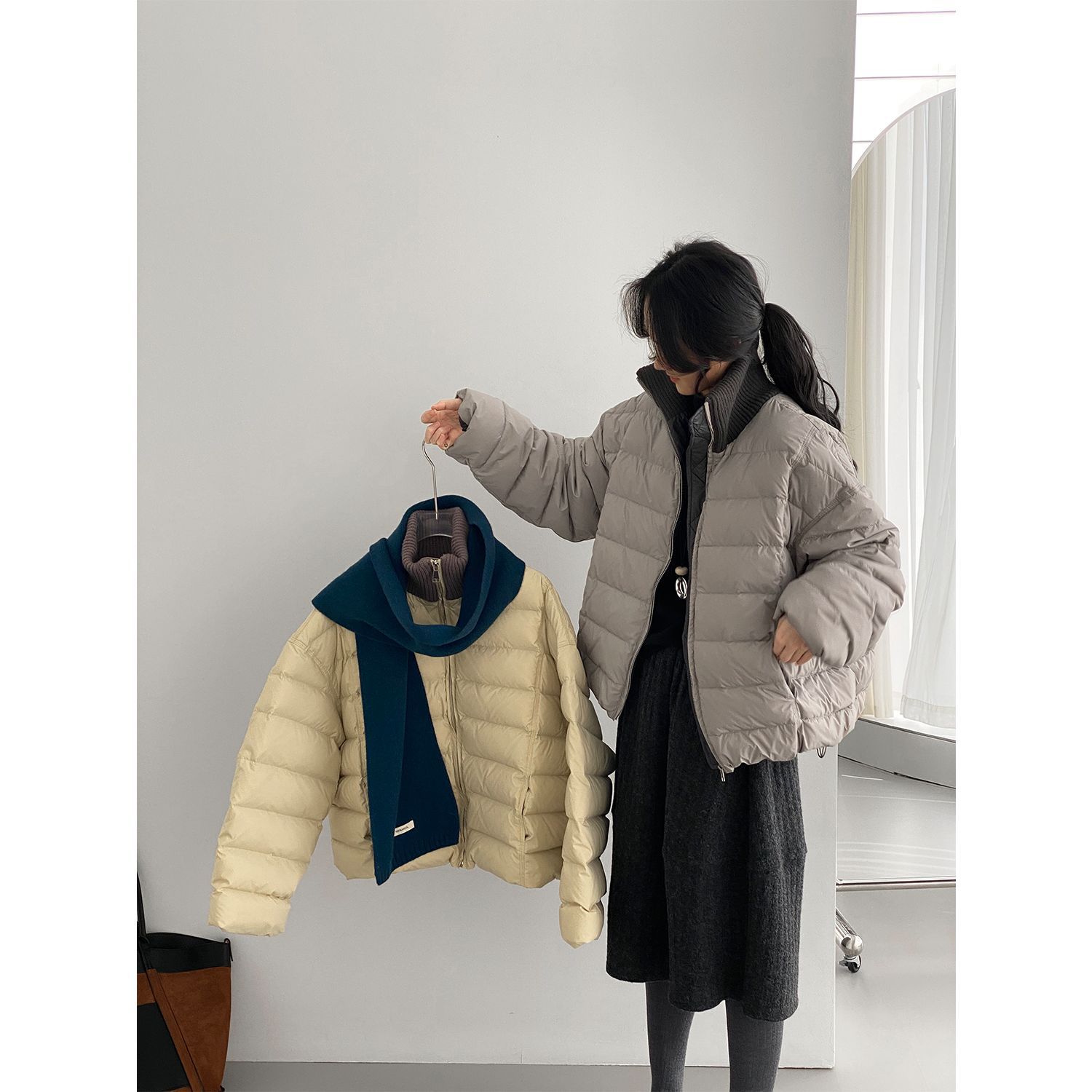 针织领排骨羽绒韩系高级感百搭羽绒服女宽松立领白鸭绒外套上衣