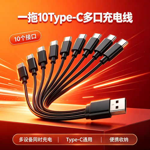 多用一拖十通用充电器多头一拖三一拖四一拖五多功能电源线多口usb转typec充电器线安卓一拖六个tc口Micro