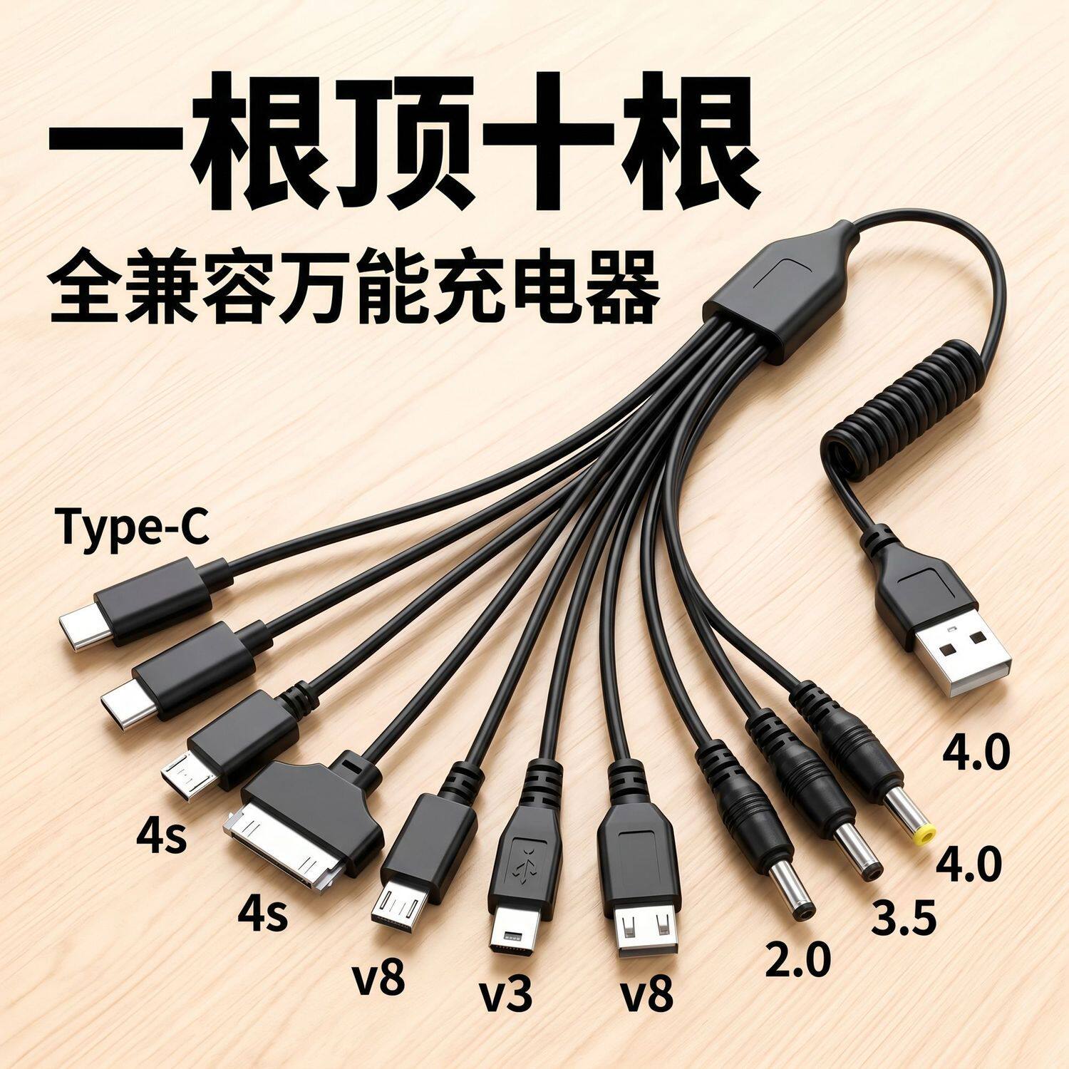 USB一拖十手机万能充电线/器 多功能圆头10合1充电线 typec电源线图片
