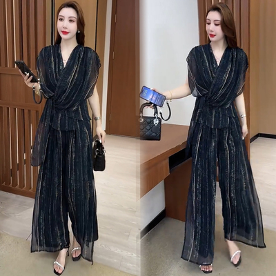 雪纺时尚套装女2025夏季新款洋气质减龄收腰显瘦上衣阔腿裤两件套