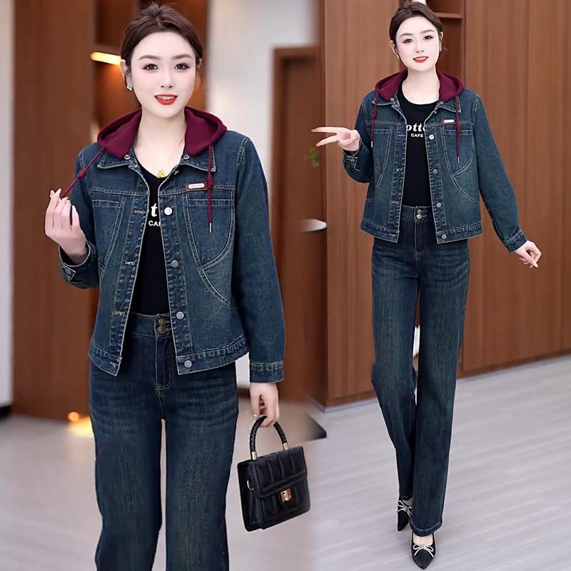 撞色连帽牛仔外套女2025春秋新款时尚休闲宽松显瘦小个子夹克上衣