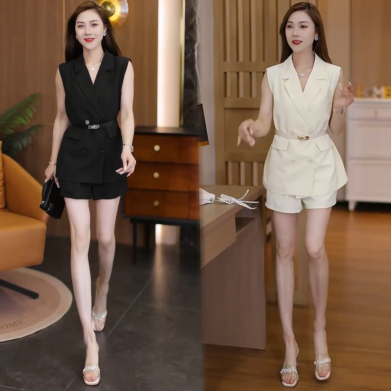 时尚无袖西装套装女2025夏季新款洋气显瘦收腰马甲短裤气质两件套