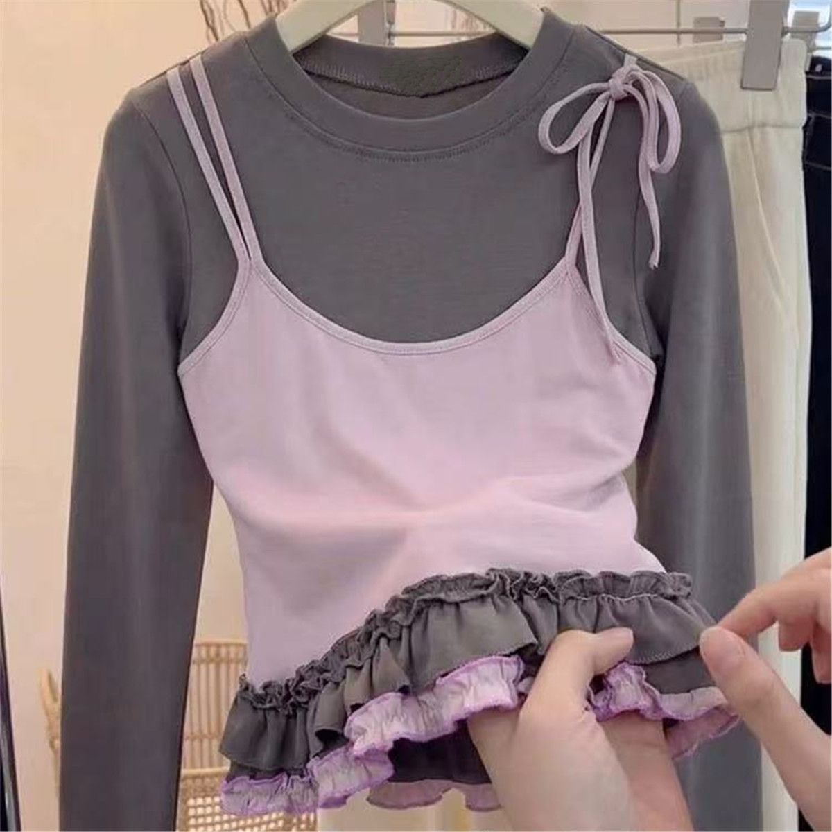 女童春秋韩系假两件长袖T恤图片