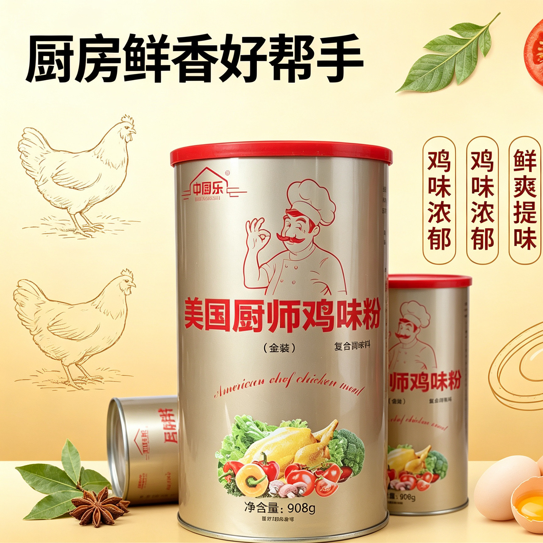 中厨乐美国厨师鸡粉金装餐饮商用食堂饭店炒菜火锅麻辣烫卤菜908g