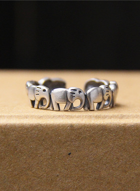 苏念纯银手饰 复古S925泰银一群小象戒指女 平安吉祥开口转动指环