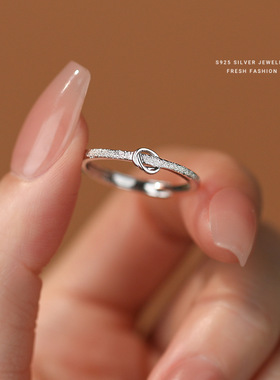 韩版简约闪砂同心结戒指女s925纯银百搭食指戒小众设计指环K2196