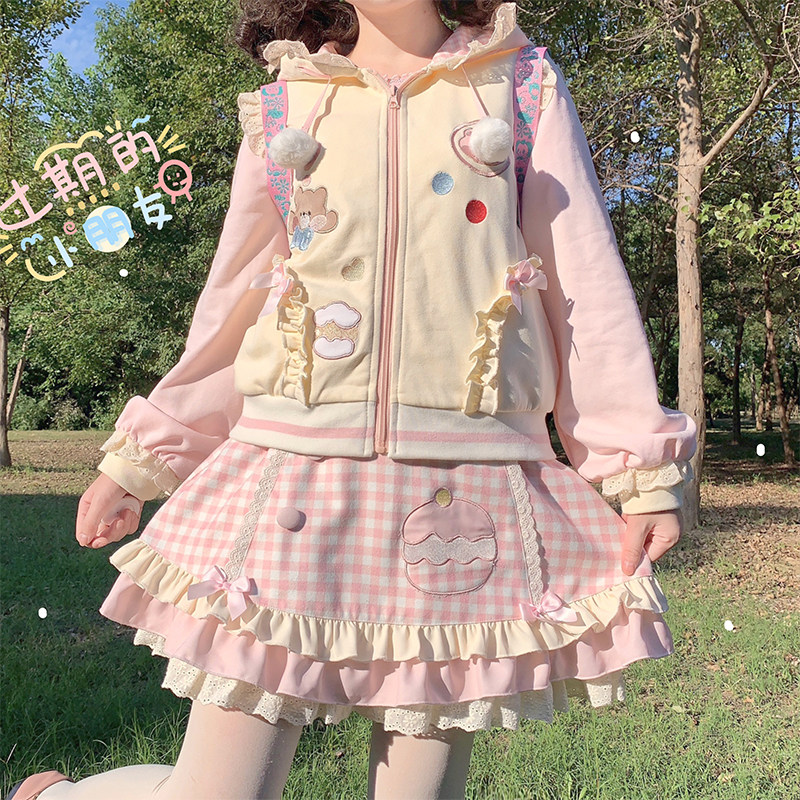 铭依记少女原创  甜品小熊  秋季少女可爱甜美二次元软妹套装裙
