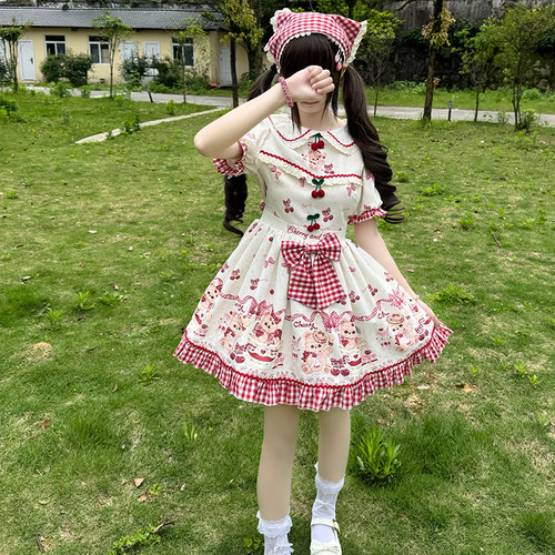 原创  樱桃小熊  在逃公主裙Lolita小个子印花短袖连衣裙现货秒发