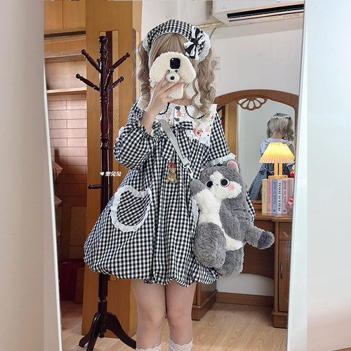 原创  草莓熊格格  少女可爱海军领Lolita花苞格纹连衣裙