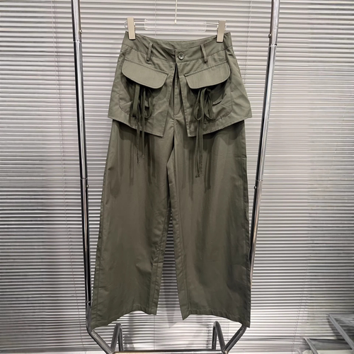 军绿色抽绳拼接口袋阔腿休闲裤