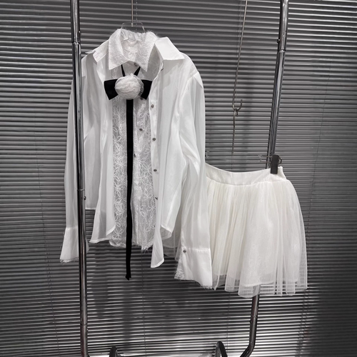 设计感领带花朵白色衬衫网纱半裙