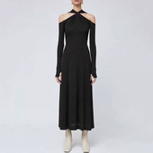 交叉露肩针织连衣裙女内搭修身 EAM STUDIO越南小众设计师款 长裙子