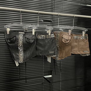 EAM STUDIO酷辣拽姐风豹纹PU皮拼接系带抹胸背心显瘦高腰短裙套装