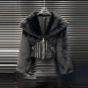 外套女 高级感翻领鱼骨收腰毛毛拼接短款 EAM STUDIO2025年秋冬新款