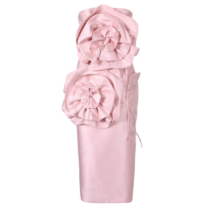 EAM 优雅立体大花朵高级感粉色抹胸连衣裙女生日小礼裙 STUDIO法式