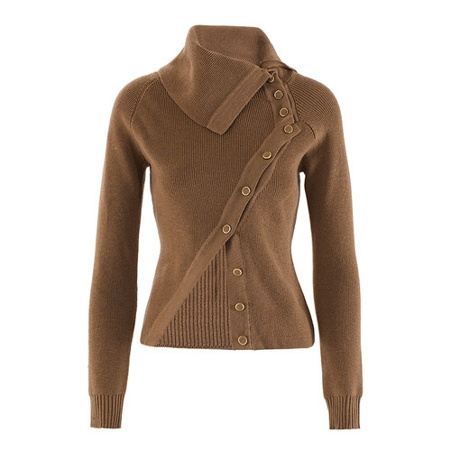 不规则单排扣斜门襟翻领针织衫