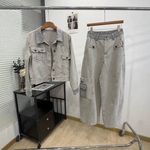 EAM STUDIO做旧牛仔套装女豹纹拼接翻领短外套多口袋阔腿工装长裤