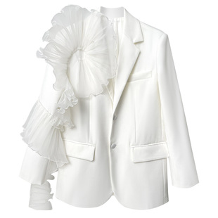 EAM STUDIO高级网纱荷叶边拼接设计感白色西装外套女春秋大码西服