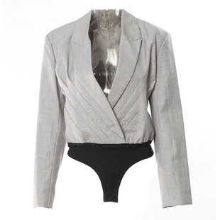 外套女后背拉链上衣春秋款 EAM STUDIO小众设计感V领垫肩连体西装