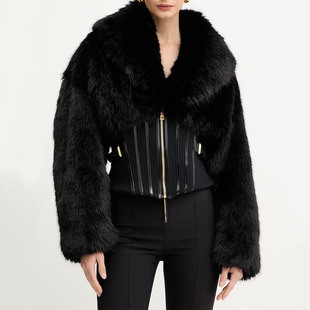 外套女 时髦高级毛毛翻领拉链鱼骨束腰短款 EAM STUDIO2025秋冬新款