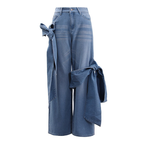 可拆卸蝴蝶结牛仔直筒长裤春秋
