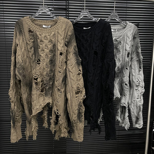 新款 复古不规则破洞毛衣女2025春季 设计感针织上衣 STUDIO美式 EAM