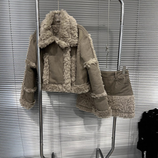 复古时髦灯芯绒坑条毛毛外套高腰半裙套装 EAM STUDIO2025秋冬新款