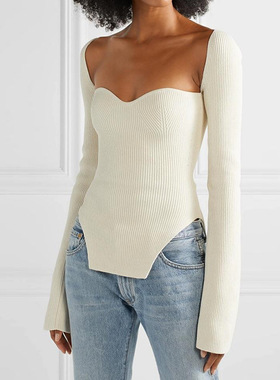 EAM STUDIO法式一字肩毛衣修身性感露肩针织衫女士设计感方领上衣