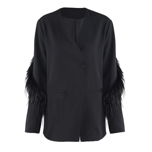 时尚高级气场鸵鸟毛拼接西装外套