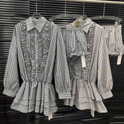 木耳边格纹衬衫裙短裤两件套