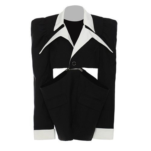 设计感长袖撞色西装外套可拆卸