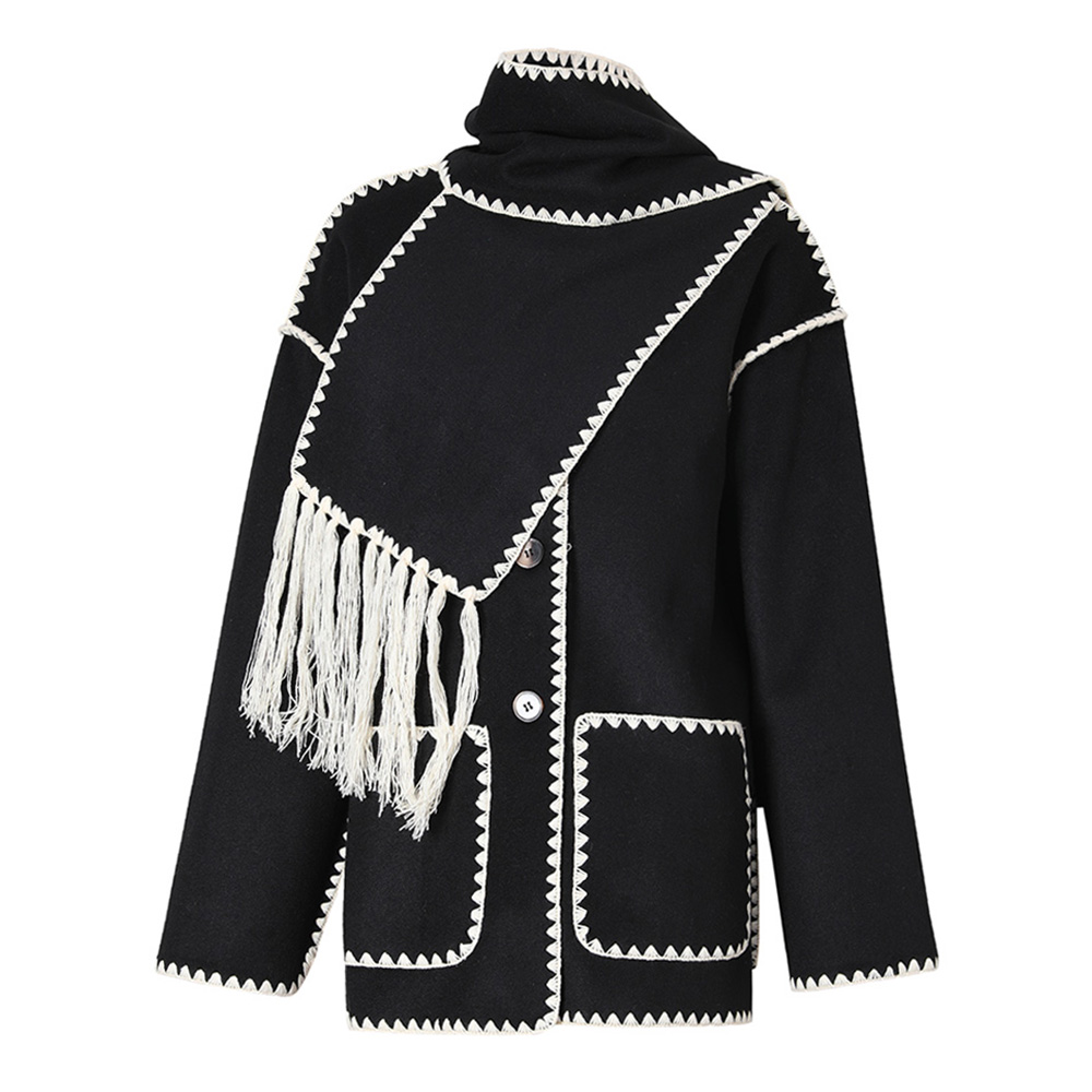 中长款小香风勾边编织毛呢外套女