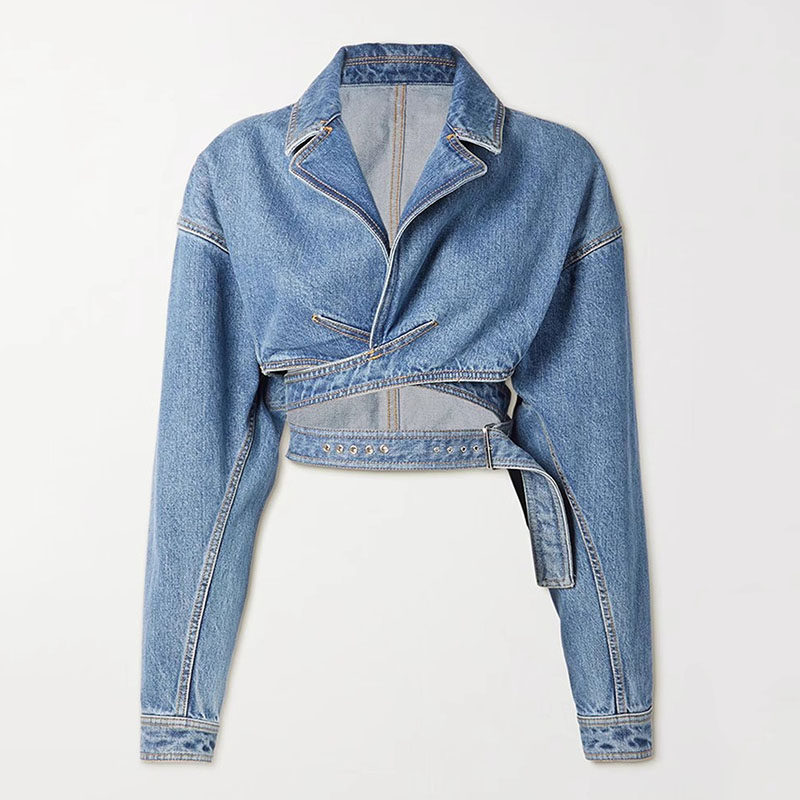 EAM STUDIO复古风蓝色交叉收腰短款牛仔外套女辣妹设计感夹克上衣,女装/女士精品,短外套,淘宝优惠券,粉丝福利购,淘宝优惠卷