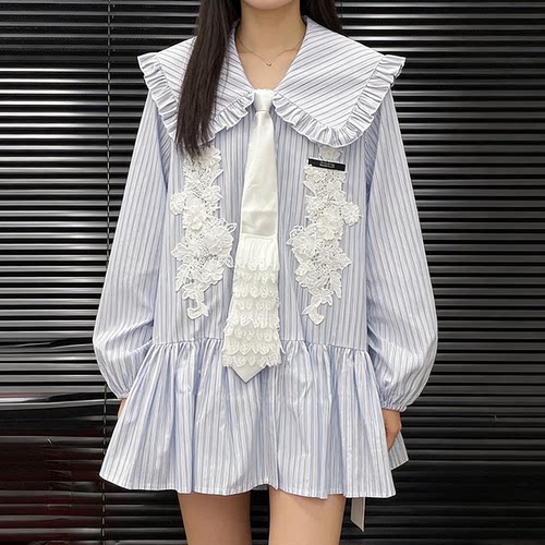 蕾丝海军领条纹衬衫连衣裙女