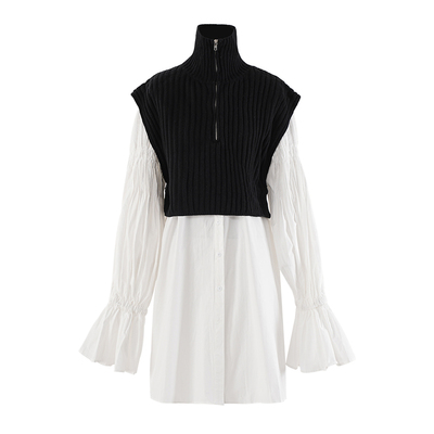 2024灯笼袖衬衫粗棒针毛衣两件套