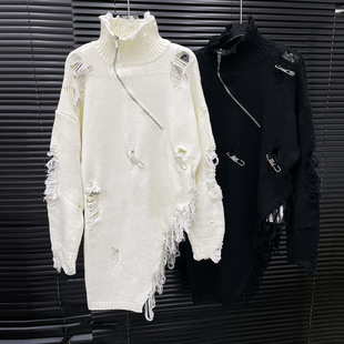 EAM STUDIO2025年秋冬新款半拉链高领别针破洞毛衣女不规则针织衫