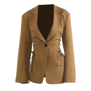 新款 外套女秋季 一粒扣西服 STUDIO高级抽绳鸡眼绑带侧收腰西装 EAM