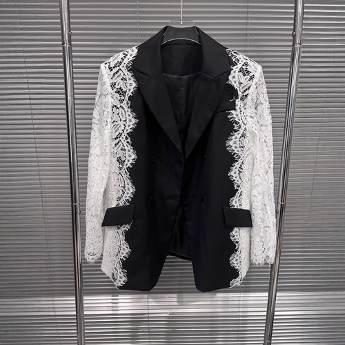 白色蕾丝拼接西装外套女气质西服