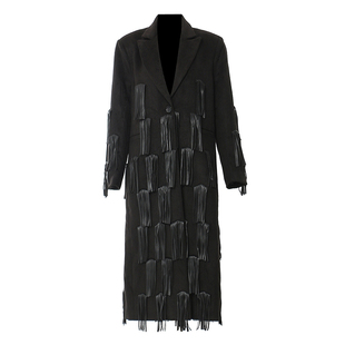 EAM 毛呢风衣外套女黑色宽松大衣 STUDIO秋冬高级PU皮流苏设计长款