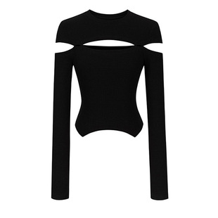 女春秋设计感小众长袖 EAM 显瘦圆领针织打底衫 镂空修身 T恤ins 时尚