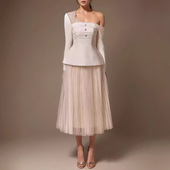 上衣百褶网纱半身裙套装 EAM STUDIO越南设计师气质斜肩长袖 女春夏