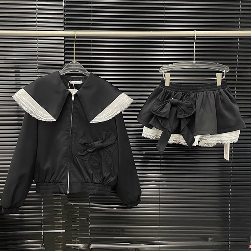 蝴蝶结蕾丝拼接海军领外套短裙